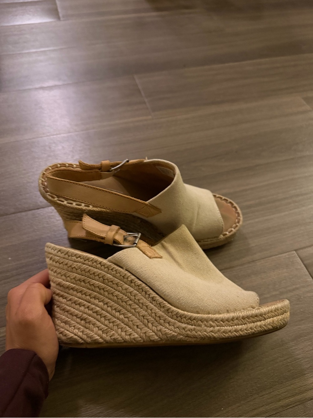 Toms Cream Canvas Wedge Espadrilles with Tan Strap